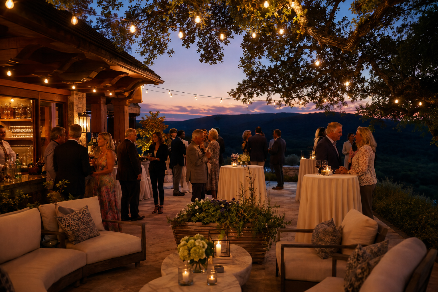 Outdoor party celebration under tent with lights